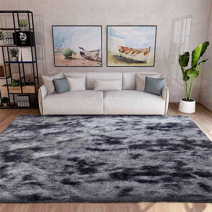 PEAM Zacht Hoogpolig Vloerkleed 200x300 Cm Modern Pluche Design Antislip & Fluffy Grijs Zwart Perfect Voor Slaapkamer & Kinderkamer