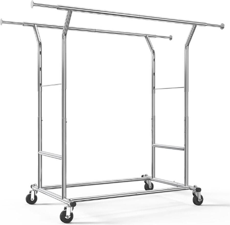 PEAM Zware Dubbele Kledingrails Verstelbaar Opvouwbaar Rollend Kledingrek Op Wielen 180 KG Draagvermogen Commerciële Kwaliteit Kledingrekken Verchroomde Afwerking