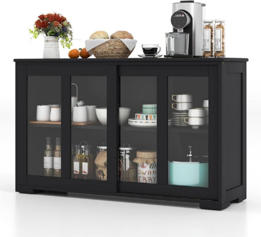 PEAM Zwart Sideboard Met Glazen Schuifdeuren Keukenkast Met Verstelbare Plank Opbergkast Voor Woonkamer Hal Eetkamer 107x33x62.5 cm