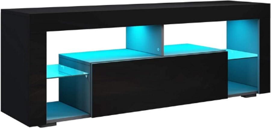 PEAM Zwart Tv-Meubel Hoogglans Met Led-Verlichting In 12 Kleuren Klapdeur Glazen Plank Greeploos Ontwerp 140X35X50.5 Cm