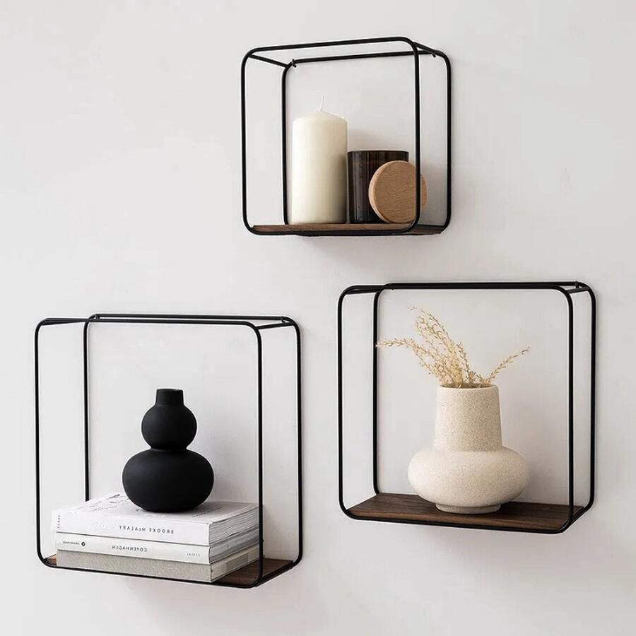 PEAM Zwevende Wandplanken Set van 3 Planken van Metaal en Walnoot Houtfineer Decoratieve Opbergruimte voor Badkamer Woonkamer Keuken en Slaapkamer