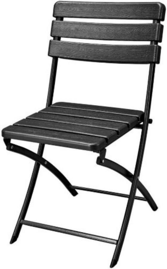 Perel Zwarte inklapbare stoel houtlook zitvlak en rugleuning stevig metalen frame kunststof weerbestendig vouwstoel voor tuin balkon terras camping max. 130 kg