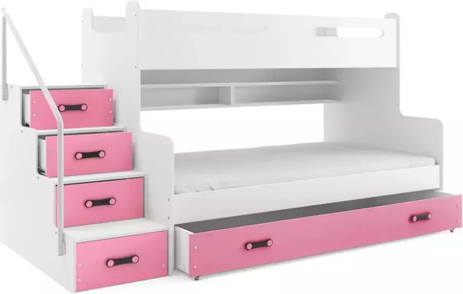 3 Persoons Design Stapelbed Roze – Inclusief Opbergruimte + Lattenbodems – Stapelbedden 3 persoons – 3 Persoonsstapelbed TÜV getest – Perfecthomeshop