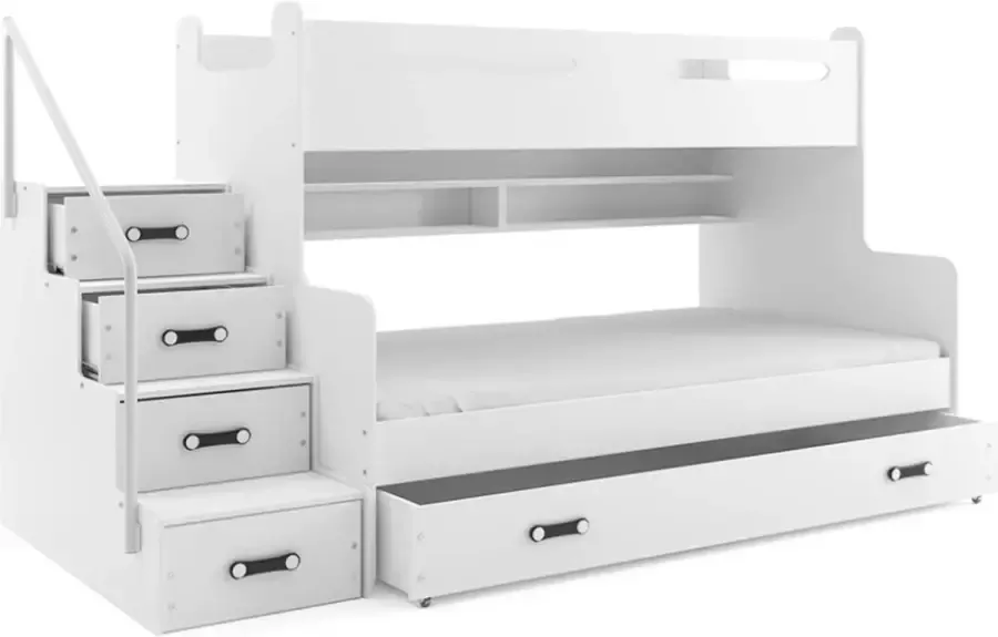 Perfecthomeshop 3 Persoons Design Stapelbed Wit – Inclusief Opbergruimte + Lattenbodems – Stapelbedden 3 persoons – 3 Persoonsstapelbed TÜV getest –