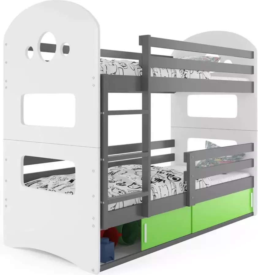 Design peuter stapelbed met opbergruimte 80x160 Grijs & Groen Stapelbedden en Lattenbodem – Grijs & Groen Stapelbed met opbergruimte TÜV getest – Perfecthomeshop