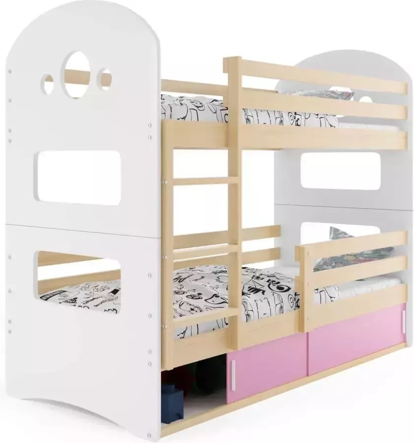 Design peuter stapelbed met opbergruimte 80x160 Hout & Roze Stapelbedden en Lattenbodem – Hout & Roze Stapelbed met opbergruimte TÜV getest – Perfecthomeshop