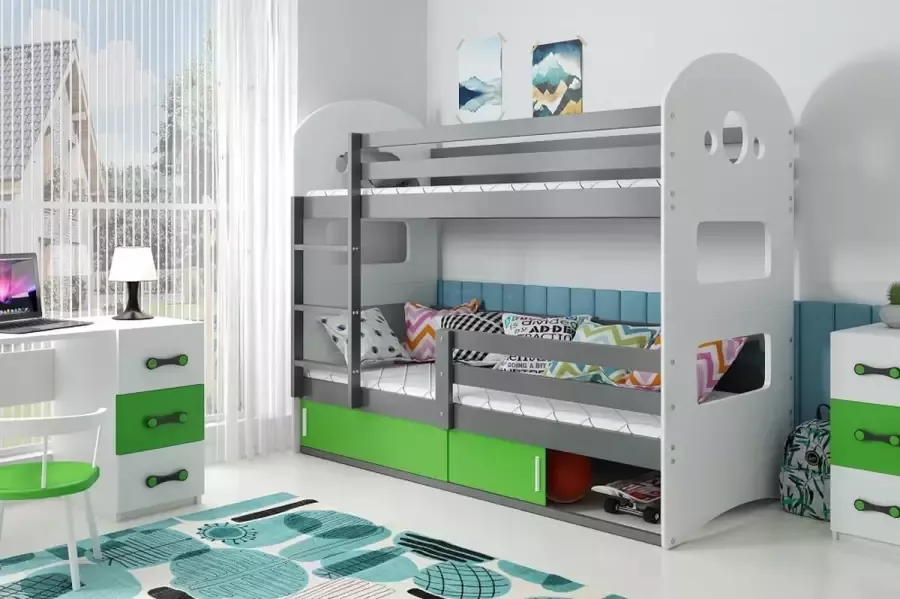 Design peuter stapelbed met opbergruimte 80x190 Grijs & Groen Stapelbedden en Lattenbodem – Grijs & Groen Stapelbed met opbergruimte TÜV getest – Perfecthomeshop