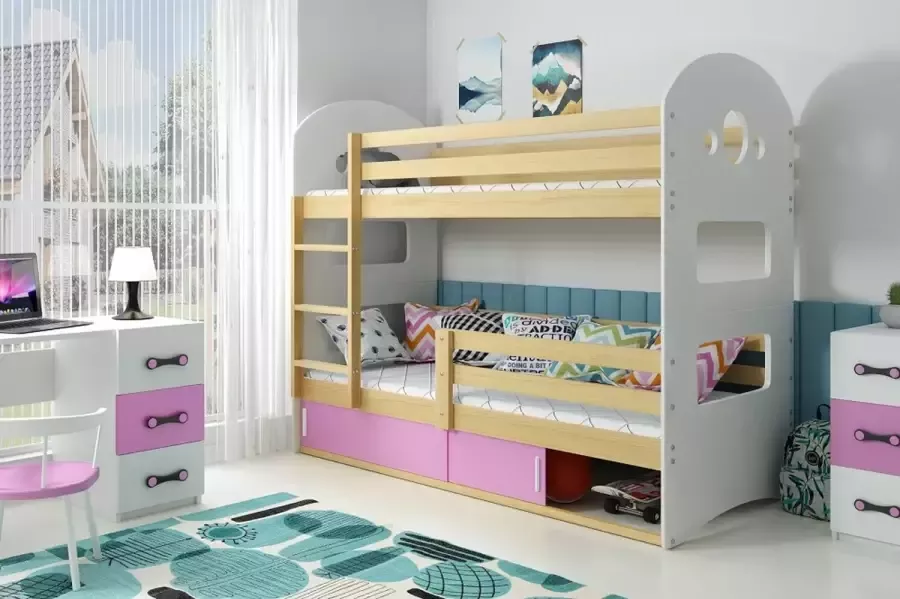 Design peuter stapelbed met opbergruimte 80x190 Hout & Roze Stapelbedden en Lattenbodem – Hout & Roze Stapelbed met opbergruimte TÜV getest – Perfecthomeshop