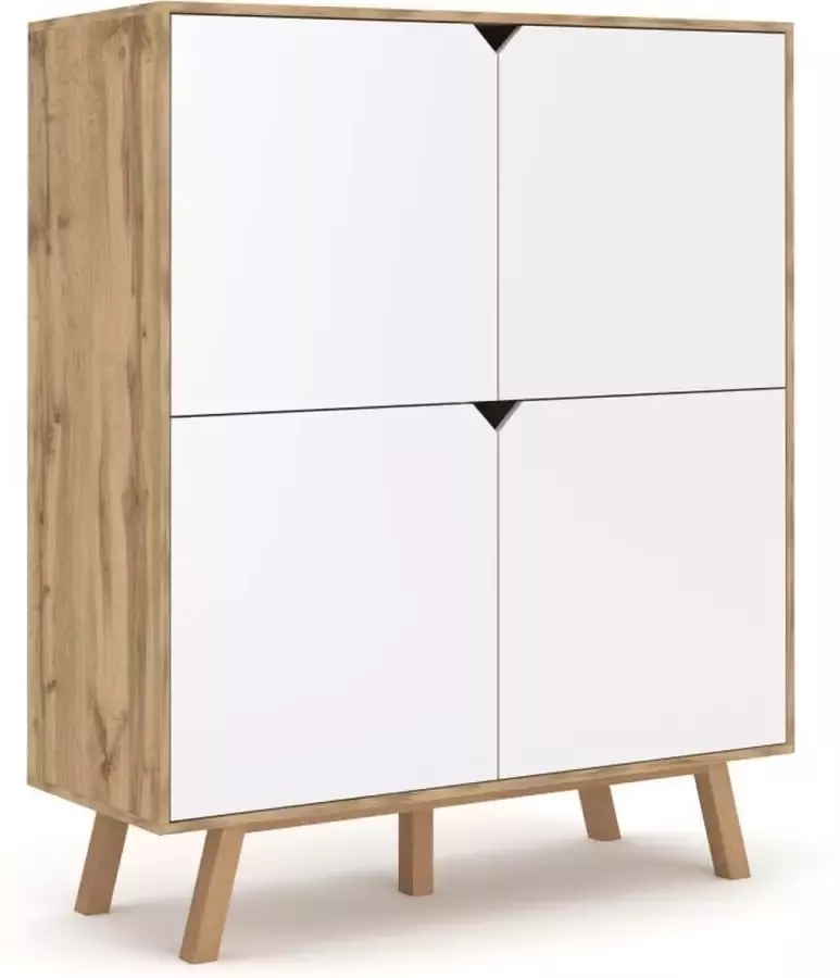 Perfecthomeshop Dressoir Scandinavisch 120x42x140 cm – 4 Deurs Buffetkast – Gold Craft Eiken & Mat Wit – Witte Houten Dressoir –