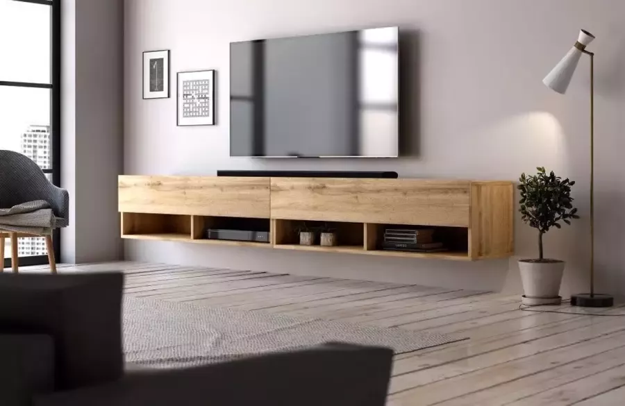 Perfecthomeshop Hangend Tv Meubel Eiken 200 cm – TV Kast Hout Modern Design – Zwevend TV Meubel Eiken –