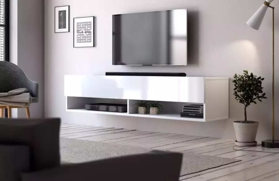 Perfecthomeshop Hangend Tv Meubel Hoogglans Wit 140 cm – Zwevend TV Meubel Wit – Witte TV Kast Modern Design –