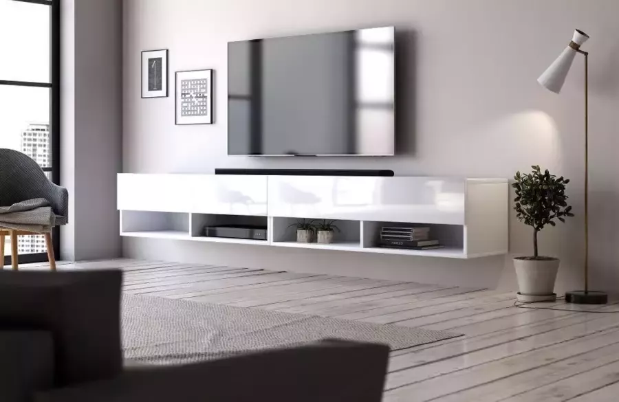 Perfecthomeshop Hangend Tv Meubel Hoogglans Wit 200 cm – Zwevend TV Meubel Wit – Witte TV Kast Modern Design –