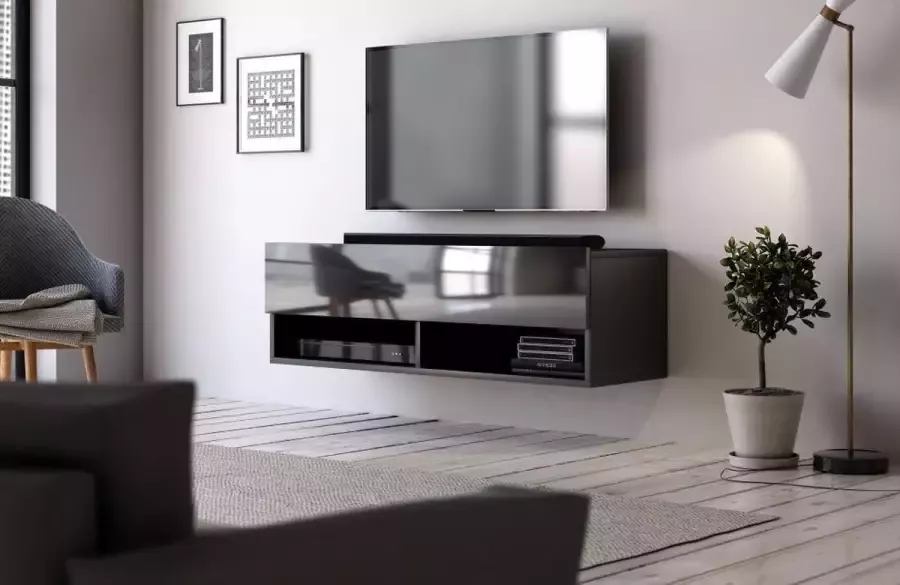 Hangend Tv Meubel Hoogglans Zwart 100 cm – Zwevend TV Meubel Zwart – Zwarte TV Kast Modern Design – Perfecthomeshop