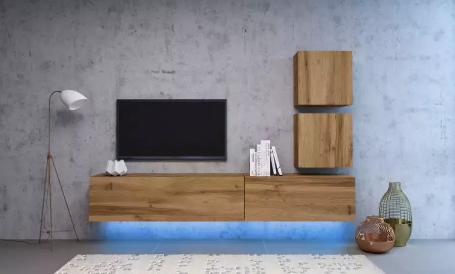 Perfecthomeshop Hangend TV meubel Wotan Eiken – Zwevend TV meubel met Led Verlichting – 140x38x40 cm – TV Kast Clean Design –