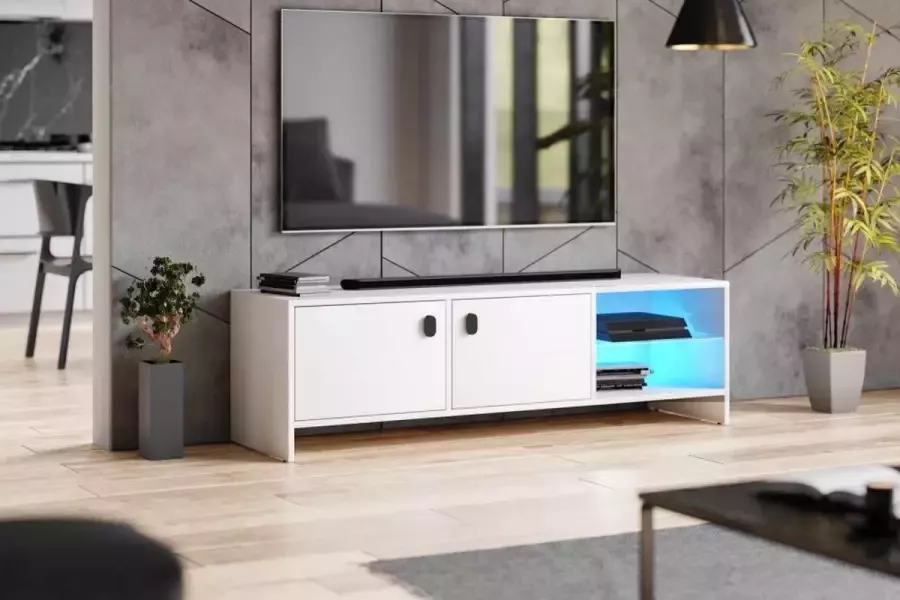 Modern TV Meubel Mat Wit & LED 140 cm – TVmeubel Wit – Witte TV Kast met Ledverlichting – Perfecthomeshop