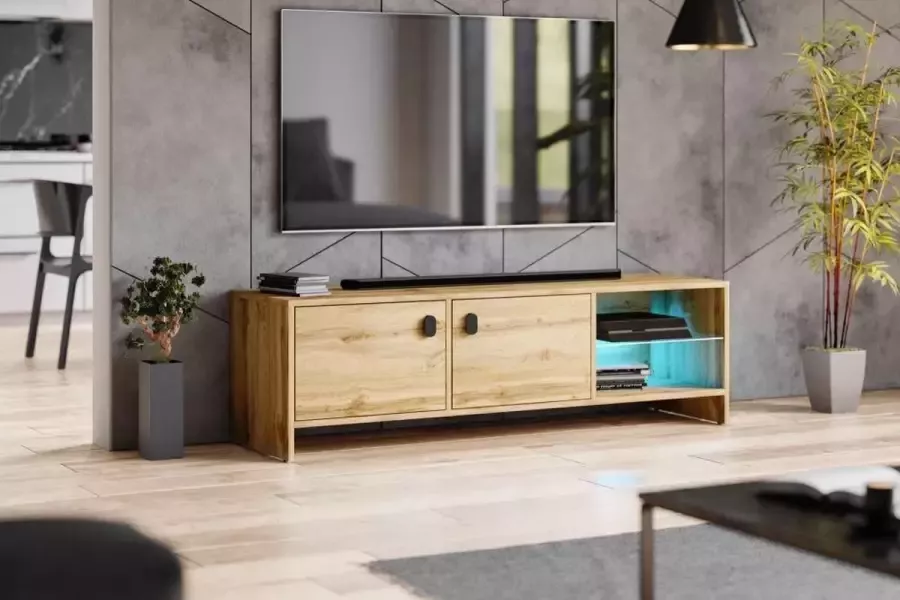 Modern TV Meubel Wotan Eiken – 140 cm – TVmeubel Inclusief led verlichting – TV Kast Eiken 3 Deurtjes – Perfecthomeshop