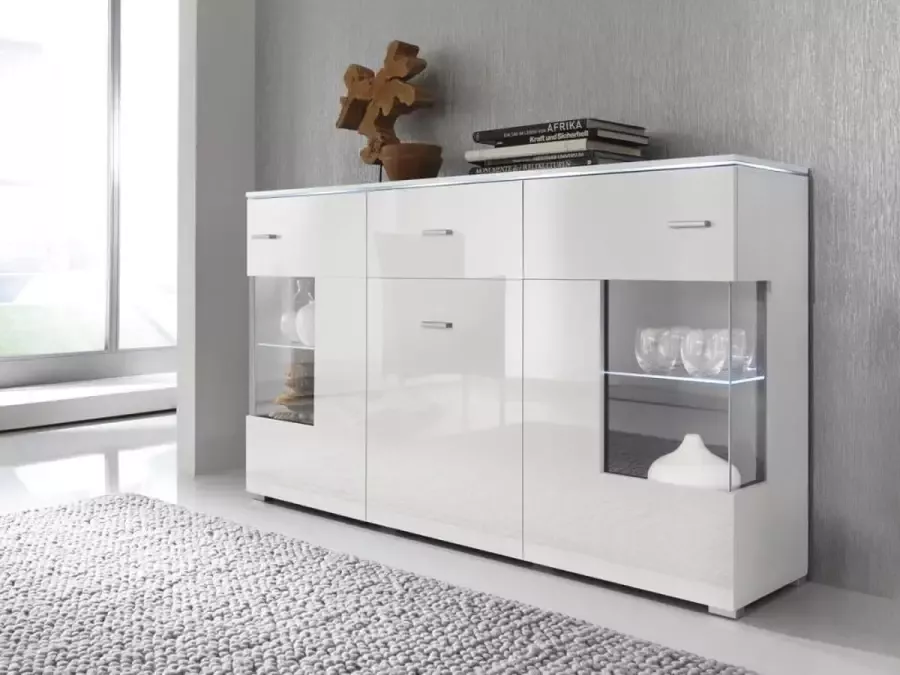 Perfecthomeshop Modern Wit Dressoir 150x37x91 cm – Hooglans Wit & Mat Wit – Witte Buffetkast Inclusief Ledverlichting – Witte Dressoir Kast –