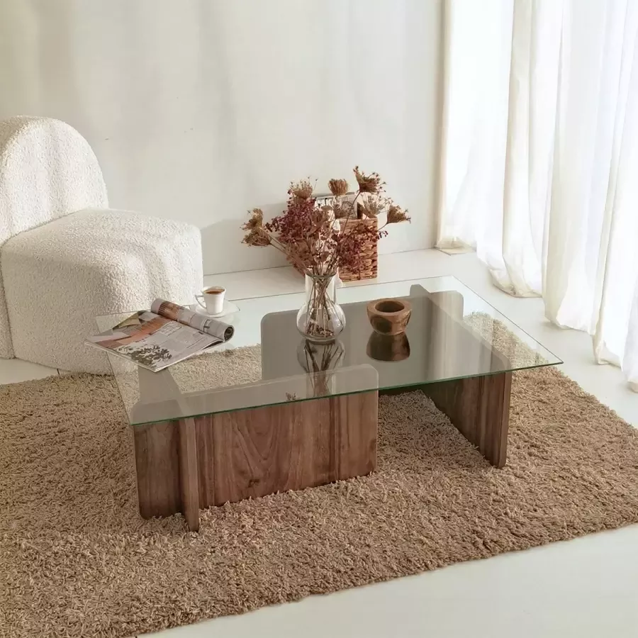 Perfecthomeshop Salontafel glas hout walnoot 105x30x65cm gehard glass Retro bijzettafel glas - Foto 2