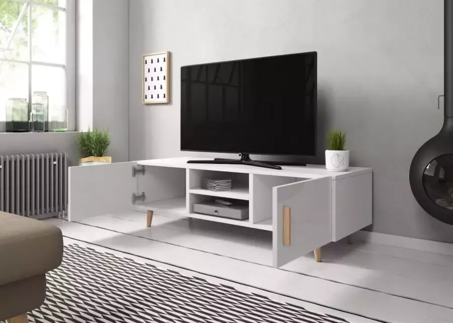 Perfecthomeshop TV Kast Hoogglans Grijs 140x42x50 cm – Grijze TV Meubel Scandinavisch Design – High Gloss 2 deurs TVmeubel –