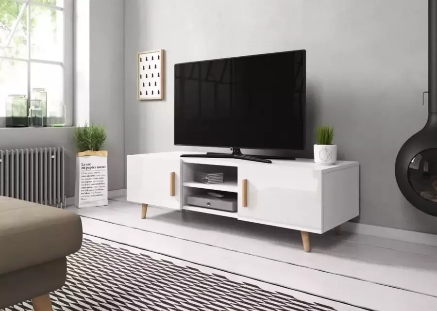 Perfecthomeshop TV Kast Hoogglans Wit 140x42x50 cm – Witte TV Meubel Scandinavisch Design – 2 deurs TVmeubel –