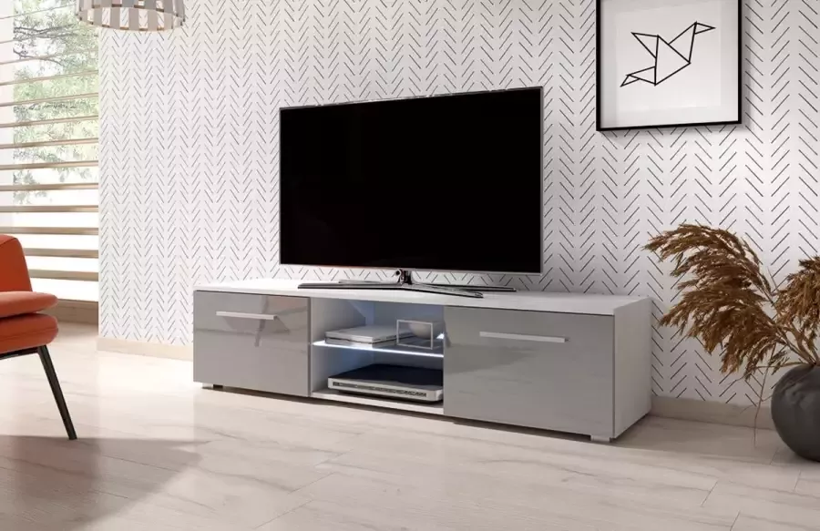 Perfecthomeshop TV Kast Hoogglans Wit & Grijs – Grijze Witte TV Kast Modern Design – TVmeubel Inclusief Led verlichting –