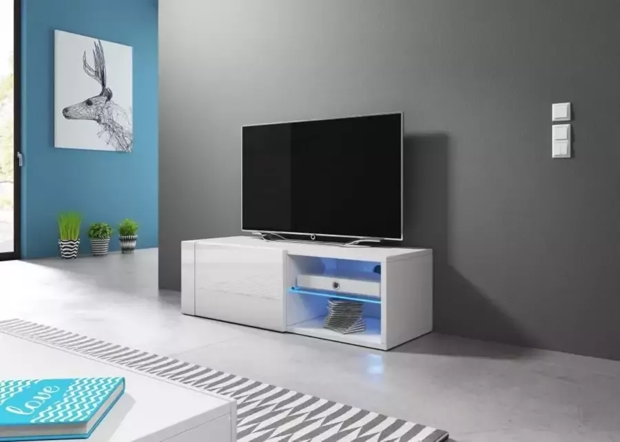 Perfecthomeshop TV Kast Meubel 100 cm Hoogglans Wit – Witte TV Meubel Inclusief Ledverlichting – TVmeubel Wit Modern Design –
