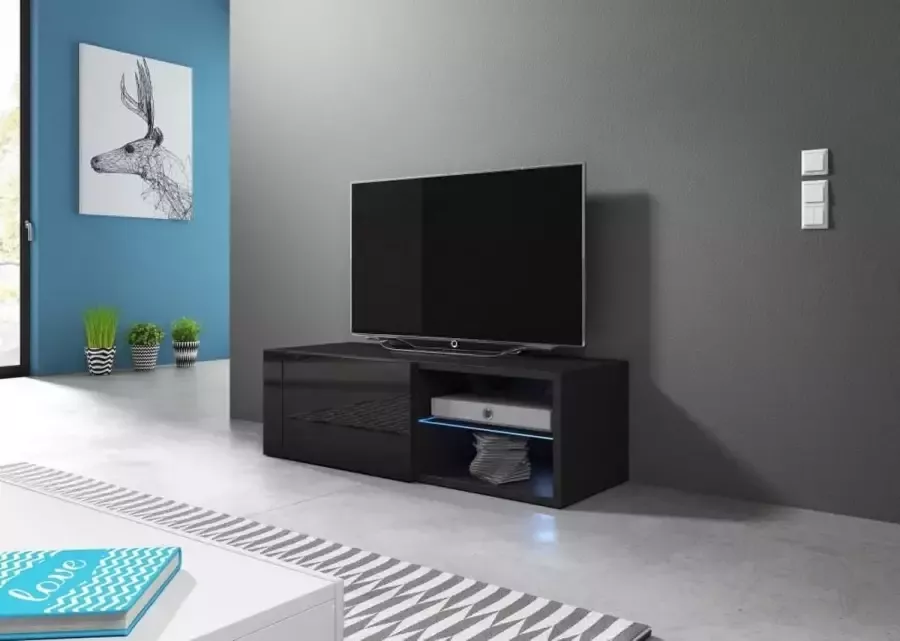 Perfecthomeshop TV Kast Meubel 100 cm Zwart – Zwarte TV meubel Inclusief Ledverlichting – TVmeubel Wit Modern Design –