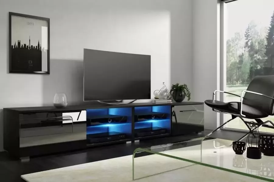 Perfecthomeshop TV Kast Meubel Hoogglans Zwart 200 cm – Zwarte TV Meubel Modern Design – TVmeubel Inclusief Led verlichting –
