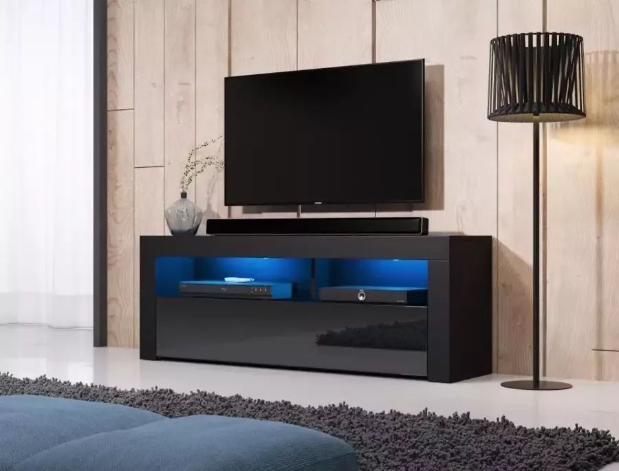 Perfecthomeshop TV Meubel Modern & LED 140x33x55 cm – Hoogglans Zwart – Zwarte TVmeubel – Zwarte TV Kast –