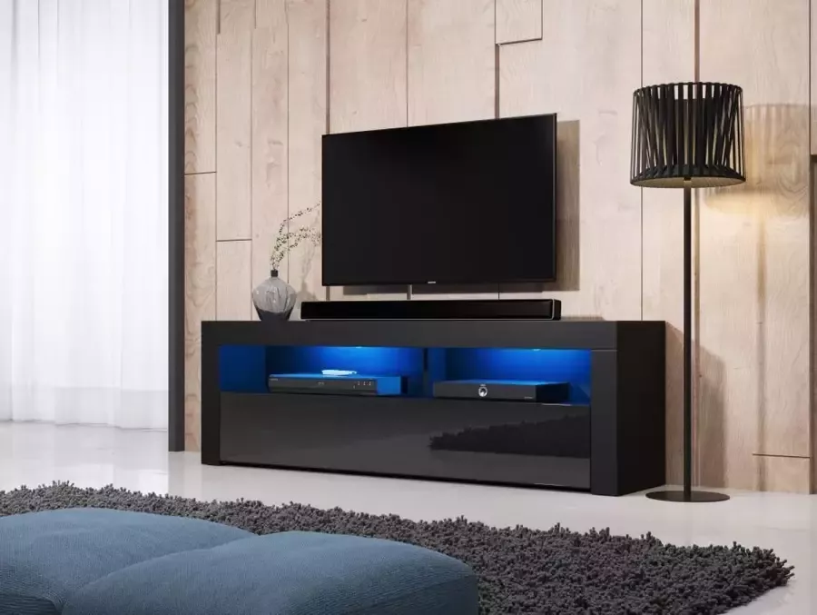 Perfecthomeshop TV Meubel Modern & LED 160x33x50 cm – Hoogglans Zwart – Zwarte TVmeubel – Zwarte TV Kast –