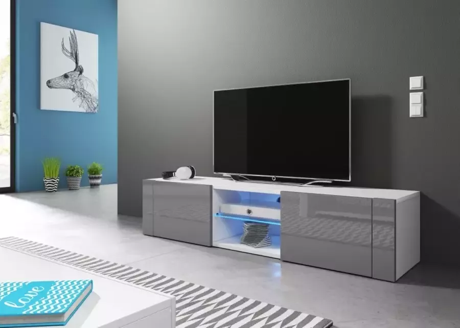 Perfecthomeshop TVMeubel Hoogglans Grijs 140 cm – TV Meubel Inclusief Led verlichting – Grijze TV Kast –