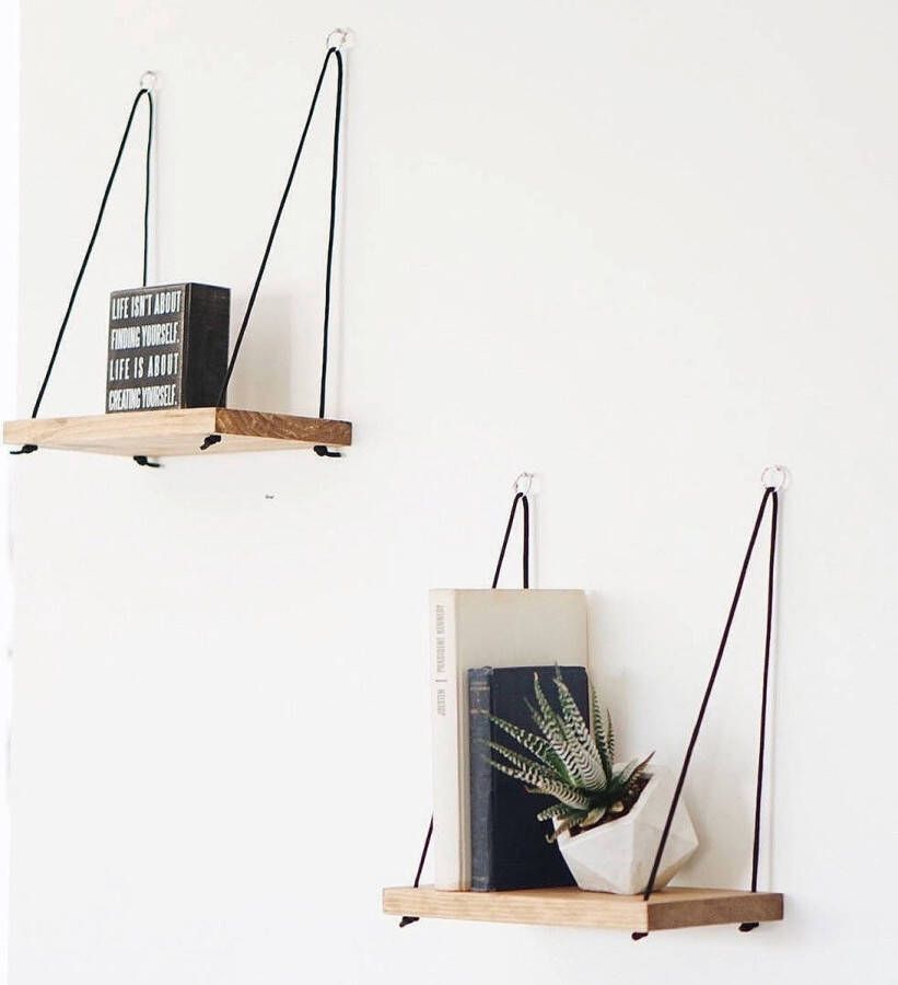 Perfecthomeshop Wandplanken Set van 2 Stijlvolle Touwophanging Walnoot Kleur 40x50x13cm Duurzaam Sparrenhout wandrek