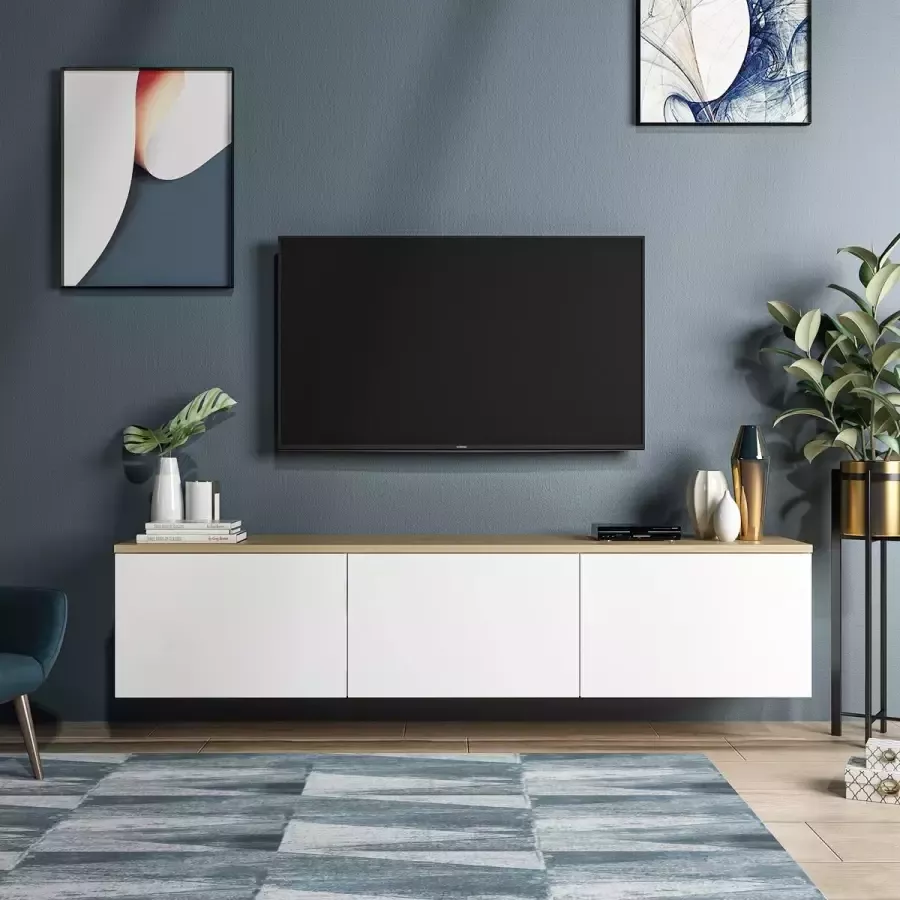 Scandinavisch TV-meubel 160x32x35 cm Hout en Wit Zwevend TV meubel 160cm met 3 vakken