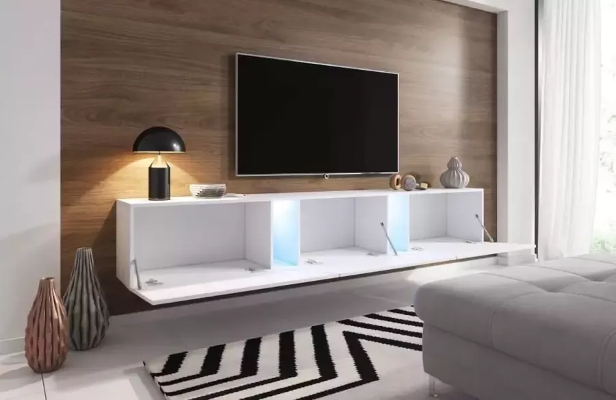 Zwevend Tv Meubel Hoogglans Wit – 240x34x40 cm – Hangend TV meubel Met LED – TV Kast Clean Design