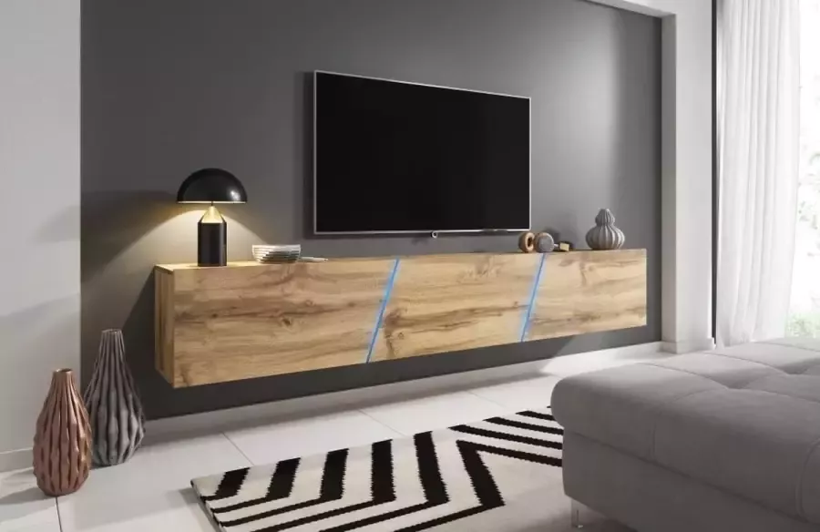 Perfecthomeshop Zwevend Tv Meubel Eiken 240 cm – Hangend TV meubel met Led Verlichting – Houten TV Kast Clean Design –