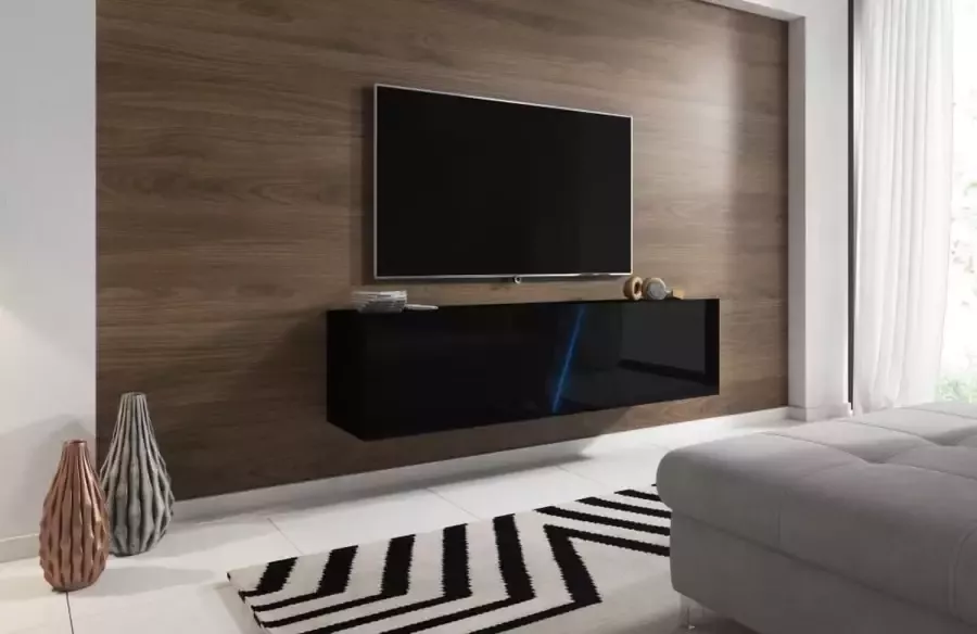 Perfecthomeshop Zwevend Tv Meubel Hooglans Zwart – Hangend TV meubel met Led Verlichting – Zwarte TV Kast Clean Design –