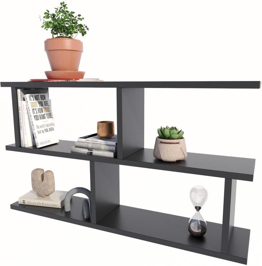 Perlavita LUNA BLACK wandplank hangende boekenkast foto's 2 VERSIES