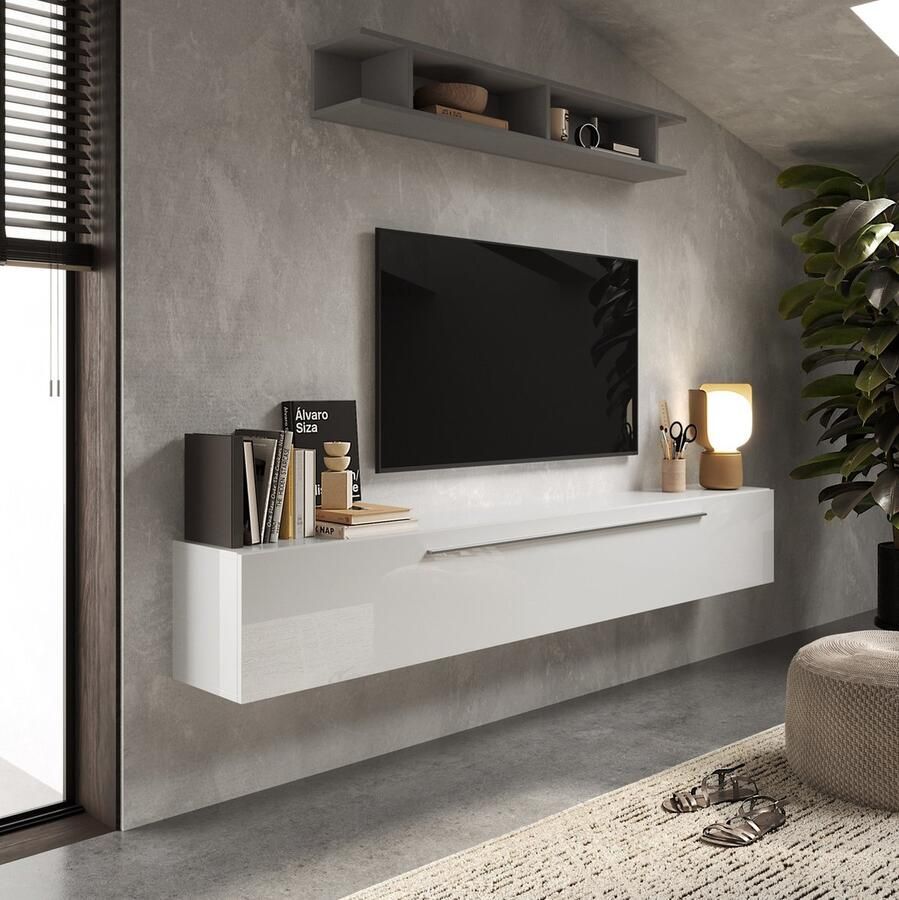 Pesaro Mobilia Zwevend Tv-meubel Mexy 210 cm breed hoogglans wit