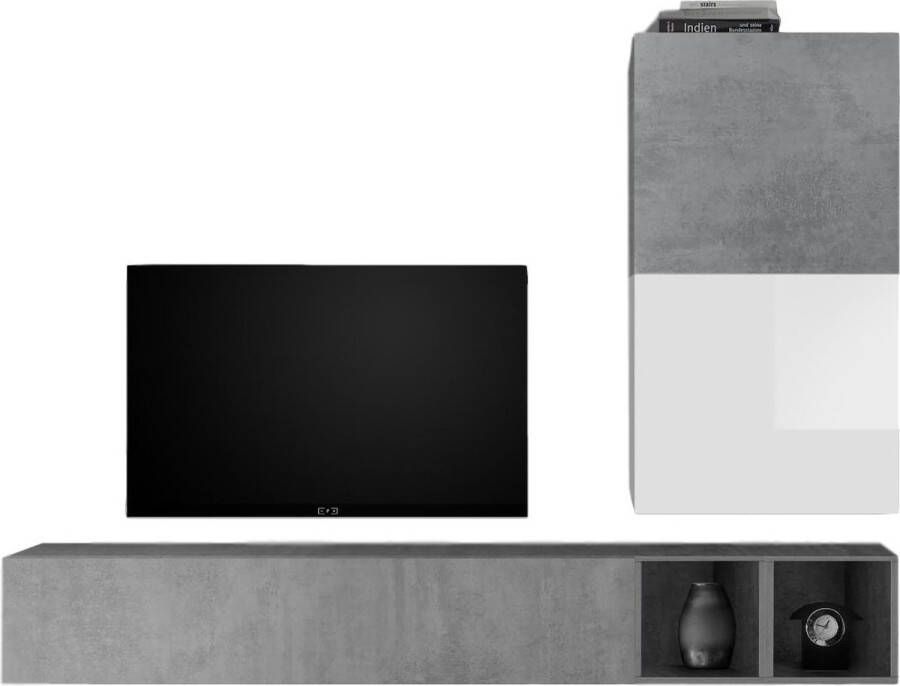 Pesaro Mobilia TV-wandmeubel Anderson in hoogglans wit met grijs beton