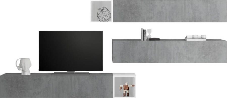 Pesaro Mobilia TV-wandmeubel Balvin in hoogglans wit met grijs beton