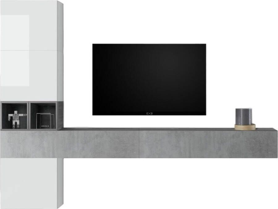 Pesaro Mobilia TV-wandmeubel Berlin in hoogglans wit met grijs beton - Foto 1