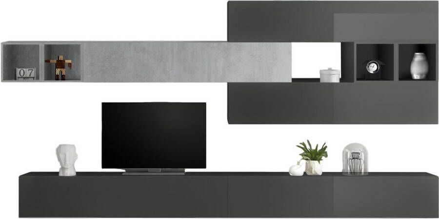 Pesaro Mobilia TV-wandmeubel Davos in hoogglans grijs met grijs beton - Foto 1