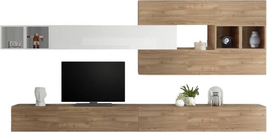 Pesaro Mobilia TV-wandmeubel Davos in hoogglans wit met eiken