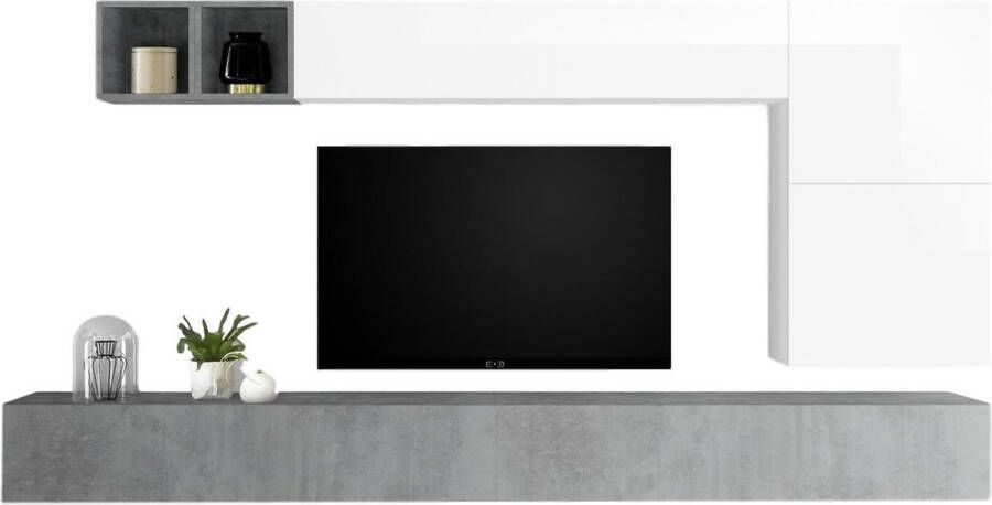 Pesaro Mobilia TV-wandmeubel Dorado in hoogglans wit met grijs beton