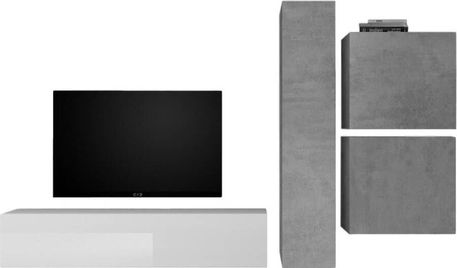 Pesaro Mobilia TV-wandmeubel Hodor in hoogglans wit met grijs beton