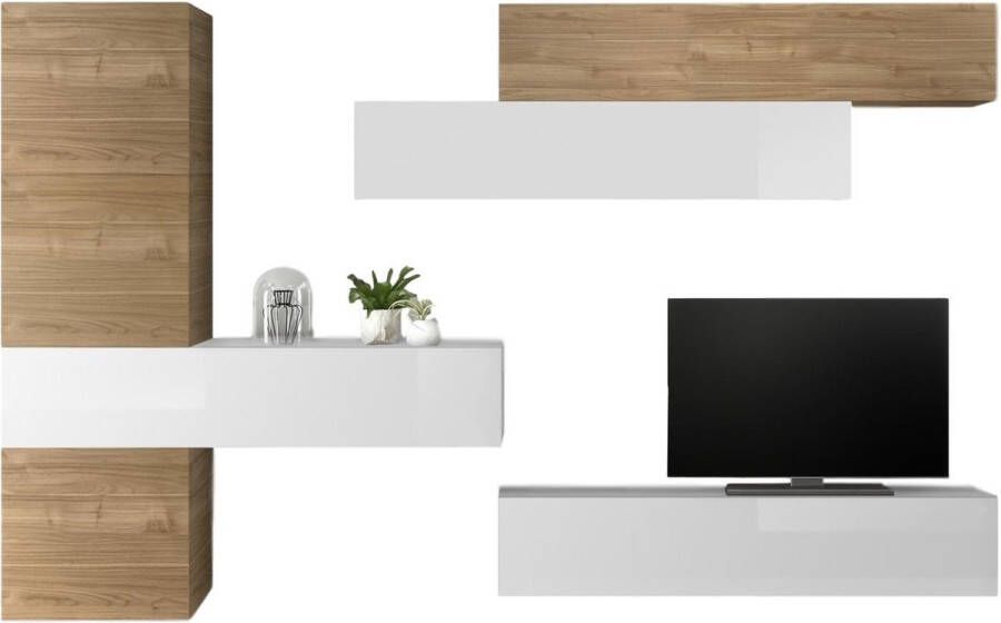 Pesaro Mobilia TV-wandmeubel Memo in hoogglans wit met eiken - Foto 1