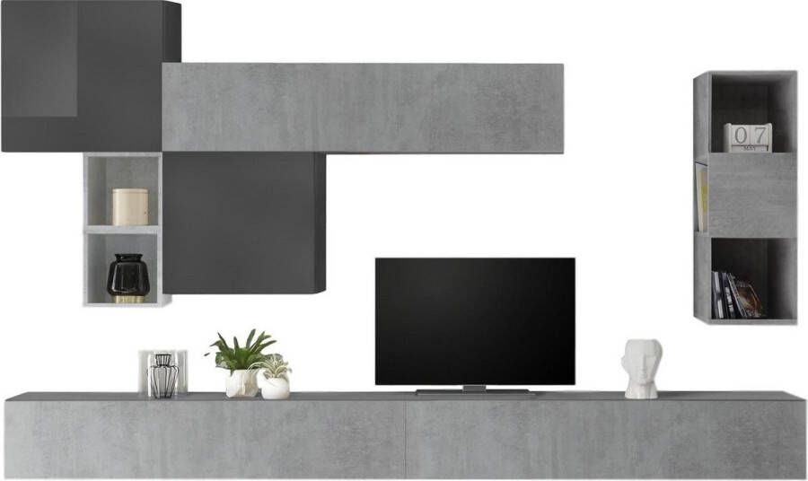 Pesaro Mobilia TV-wandmeubel Pedro in grijs beton met hoogglans grijs