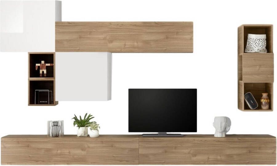 Pesaro Mobilia TV-wandmeubel Pedro in hoogglans wit met eiken