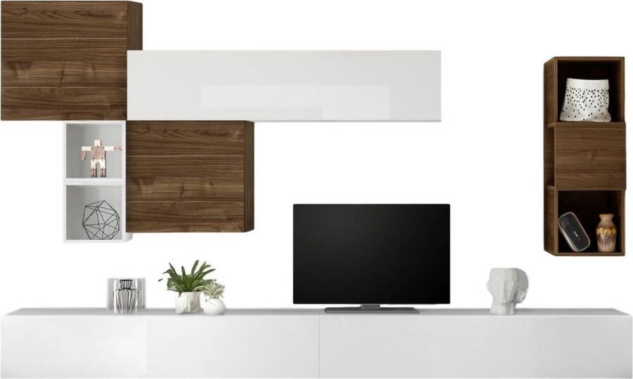 Pesaro Mobilia TV-wandmeubel Pedro in hoogglans wit met walnoot - Foto 1