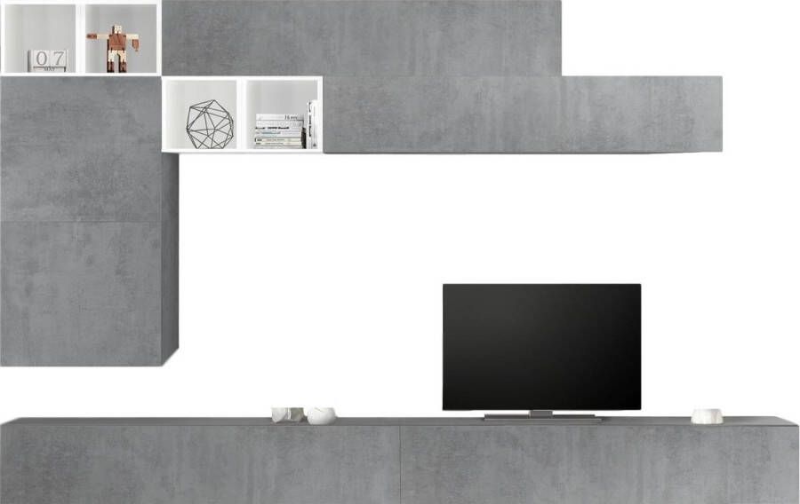 Pesaro Mobilia TV-wandmeubel Sako in hoogglans wit met grijs beton